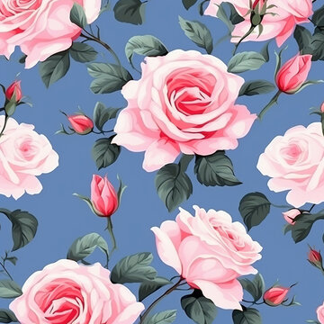 Pink Roses On Blue Background Seamless Pattern