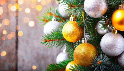 Christmas decorations. Shiny balls. Bokeh lights. Copy space. AI Generated