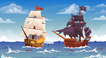 Ships battle. Sea vessels war, old pirate brigantine ship cannon shooting to frigate or galleon cartoon boat shipwreck marine battles - obrazy, fototapety, plakaty