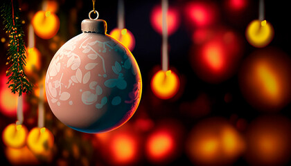 Fototapeta premium Christmas decorations. Shiny balls. Bokeh lights. Copy space. AI Generated