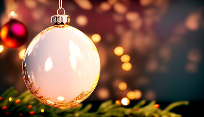 Christmas decorations. Shiny balls. Bokeh lights. Copy space. AI Generated