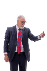 Old businessman pressing virtual button isolated on white