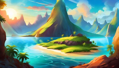 Painting of mountains and beach