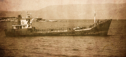 An old rusty large fishing boat trawler on the sea. Vintage wallpaper 