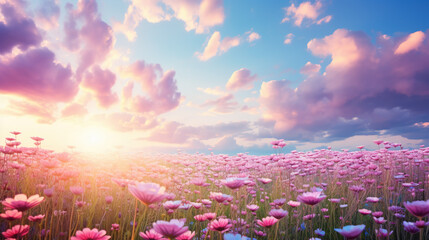 Summer flower meadow wildflower field pink with morning sunlight, Idyllic spring background with blossoming lilac bushes flowers and pink wildflowers on meadow. Pink morning clouds on blue sky over - Powered by Adobe