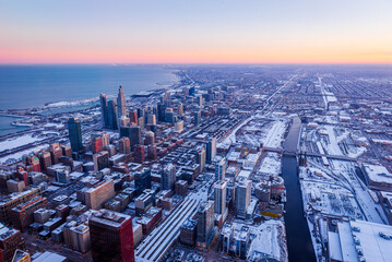 Naklejka na ściany i meble Cityscape aerial view of Chicago from observation deck at sunset