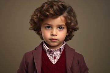 Portrait of a cute little boy with curly hair in a red jacket and bow tie