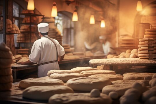 Inside of a traditional Arabic bakery filled with stacks of freshly baked bread, with bakers working in the background. Generative AI