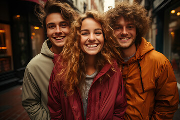 Cute young woman with curly hair with group of happy young college friends having fun together at autumn city outdoors. - obrazy, fototapety, plakaty