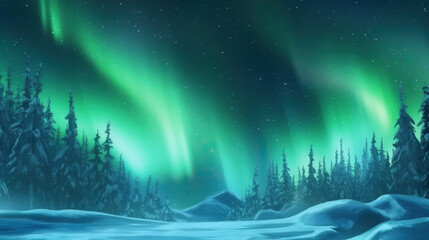 Above frost-covered mountain woods northern lights of aurora borealis cast their ethereal glow.