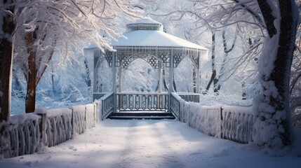 A snow-covered gazebo in a park, with a winding path and frosted trees, creating a magical winter wonderland. - obrazy, fototapety, plakaty