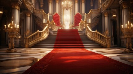 red carpet in palace or castle interior with golden stairs and chair 