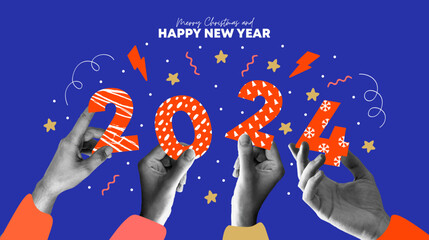  Merry christmas  and Happy new year collage design. With hands holding 2024. Colorful collage style illustrations. Vector design for poster, banner, greeting and  celebration.