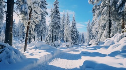 A snow-covered trail winding through a winter forest, with tall pine trees and a serene atmosphere under a clear blue sky.