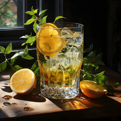A glass of clear water on a table with ice and lemon; Lemon tea; Lemons and lemon leaves around the glass ;4k