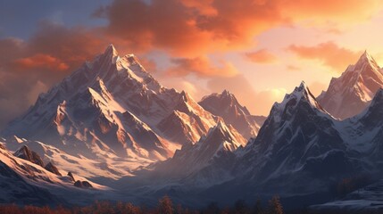 A snowy mountain range at dusk, with the last light of the day casting a warm glow on the snow-covered peaks.