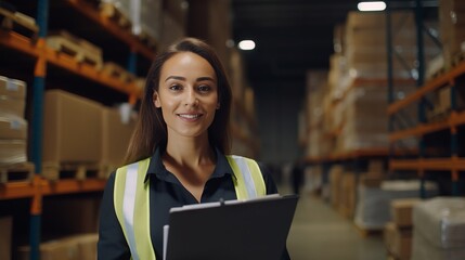 A woman working in a warehouse with a laptop