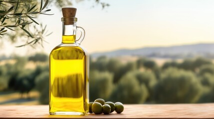 glass bottle with green olive oil overlooking hills with olive trees. oil for cooking. healthy oil.