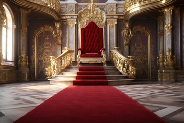 red carpet on castle or palace interior with golden chair bench of king  - obrazy, fototapety, plakaty