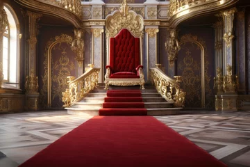 Fotobehang red carpet on castle or palace interior with golden chair bench of king  © MAXXIMA Graphica
