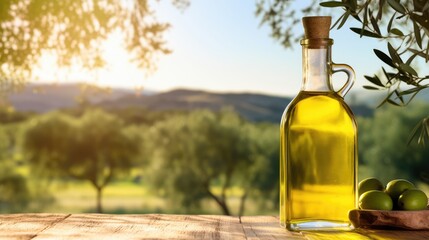 Obraz na płótnie Canvas glass bottle with green olive oil overlooking hills with olive trees. oil for cooking. healthy oil.