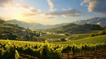 A sunlit vineyard in late summer, with rows of grapevines extending towards the horizon, surrounded...