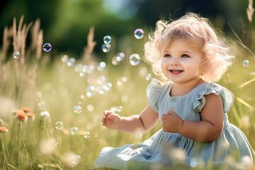 blonde child playing with soap bubbles in outdoor