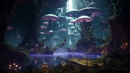 A surreal and fantastical forest scene, with floating islands of vegetation and a mysterious glow emanating from the trees.