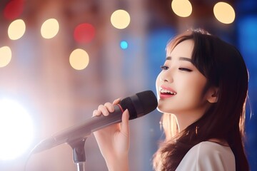 young asian woman sing in vintage microphone