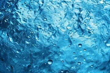 Obraz premium Water drops on glass with blue tone. Abstract background and texture. Blue water background with bubbles. Abstract macro photo of water surface.