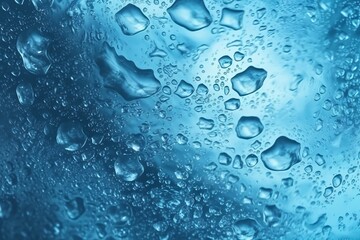 Water drops on glass with blue tone. Abstract background and texture. Blue water background with bubbles. Abstract macro photo of water surface.