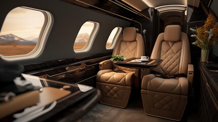 Interior of a luxury airplane with leather seats. 3d rendering