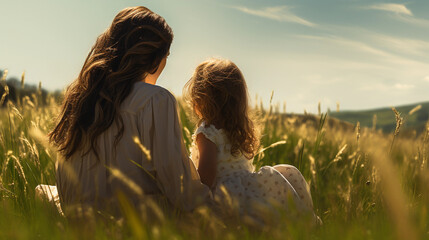 A mother and daughter enjoying the outdoors in nature, experiencing healthy motherhood and childhood