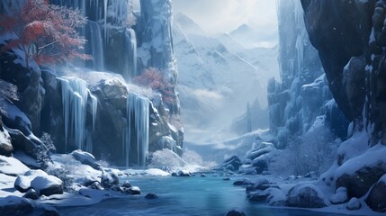 A winter scene with a frozen waterfall surrounded by icy rocks, with snow-covered trees and a serene landscape.