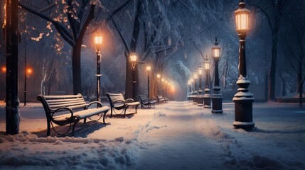 Fototapeta na wymiar Candlelit path winding through a winter park, with snow-covered benches and trees creating a serene and romantic atmosphere under the wintry night sky.