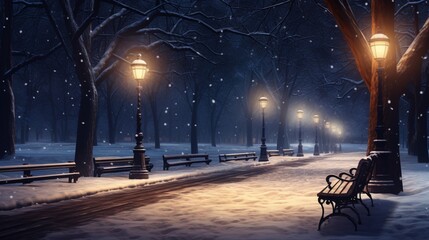 Candlelit path winding through a winter park, with snow-covered benches and trees creating a serene...
