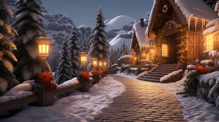 Candlelit pathway leading to a cozy winter cabin, where the warm light creates a welcoming glow amid the snow-covered surroundings.