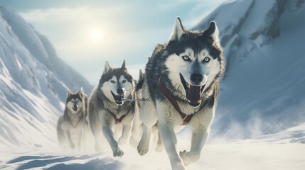 Dog sled team maneuvering through a challenging winter mountain pass, with the musher guiding the...