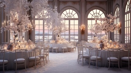 Elegant winter ballroom with crystal chandeliers casting a warm glow on snow-draped windows, capturing the magic of a sophisticated winter soir - Powered by Adobe