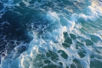 Sea wave with foam, top view. Blue ocean wave background. Close up view of ocean water surface. Sea wave texture