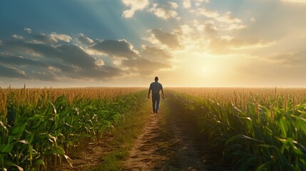 A lone man walking down a peaceful dirt road in the middle of a serene field - Powered by Adobe