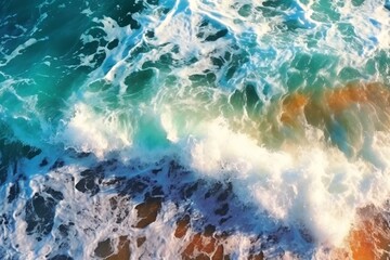 Obraz premium Sea wave with foam, top view. Blue ocean wave background. Close up view of ocean water surface. Sea wave texture