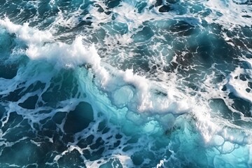 Sea wave with foam, top view. Blue ocean wave background. Close up view of ocean water surface. Sea wave texture