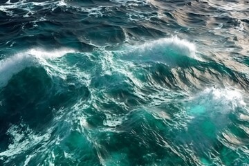 Fototapeta premium Sea wave with foam, top view. Blue ocean wave background. Close up view of ocean water surface. Sea wave texture