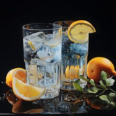  A glass of clear water on a table with ice and lemon; Lemon tea; Lemons and lemon leaves around the glass ; 4k (1:1)