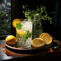 A glass of clear water on a tray with ice and lemon; Lemon tea; Lemons and lemon leaves around the glass ;4k