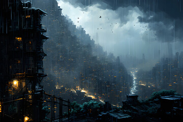 Drenched Cityscape, Captivating Rain Storm in Urban Landscape