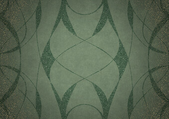 Hand-drawn ornament. Dark green on light warm green background, with vignette of darker background color and splatters of golden glitter. Paper texture. Digital artwork, A4. (pattern: p10-3a)