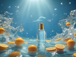 Perfume spray bottle underwater with citrus fruits around. Ideal for fragrance, freshness, and product presentation concepts.