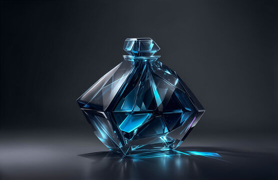 Blue glass perfume bottle with geometric design elements, against a dark background. Ideal for fragrance, luxury, and product presentation concepts.